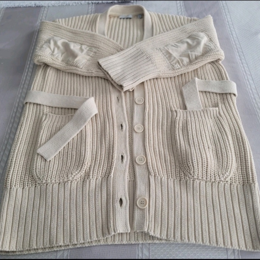 Equipment Belted Chunky Cardigan With Elbow Patches, Size XL